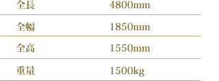 全長4800mm 全幅1850mm 全高1550mm 重量1500kg