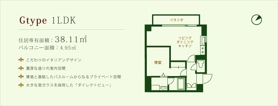 Gtype 1LDK　住居専有面積：38.11㎡